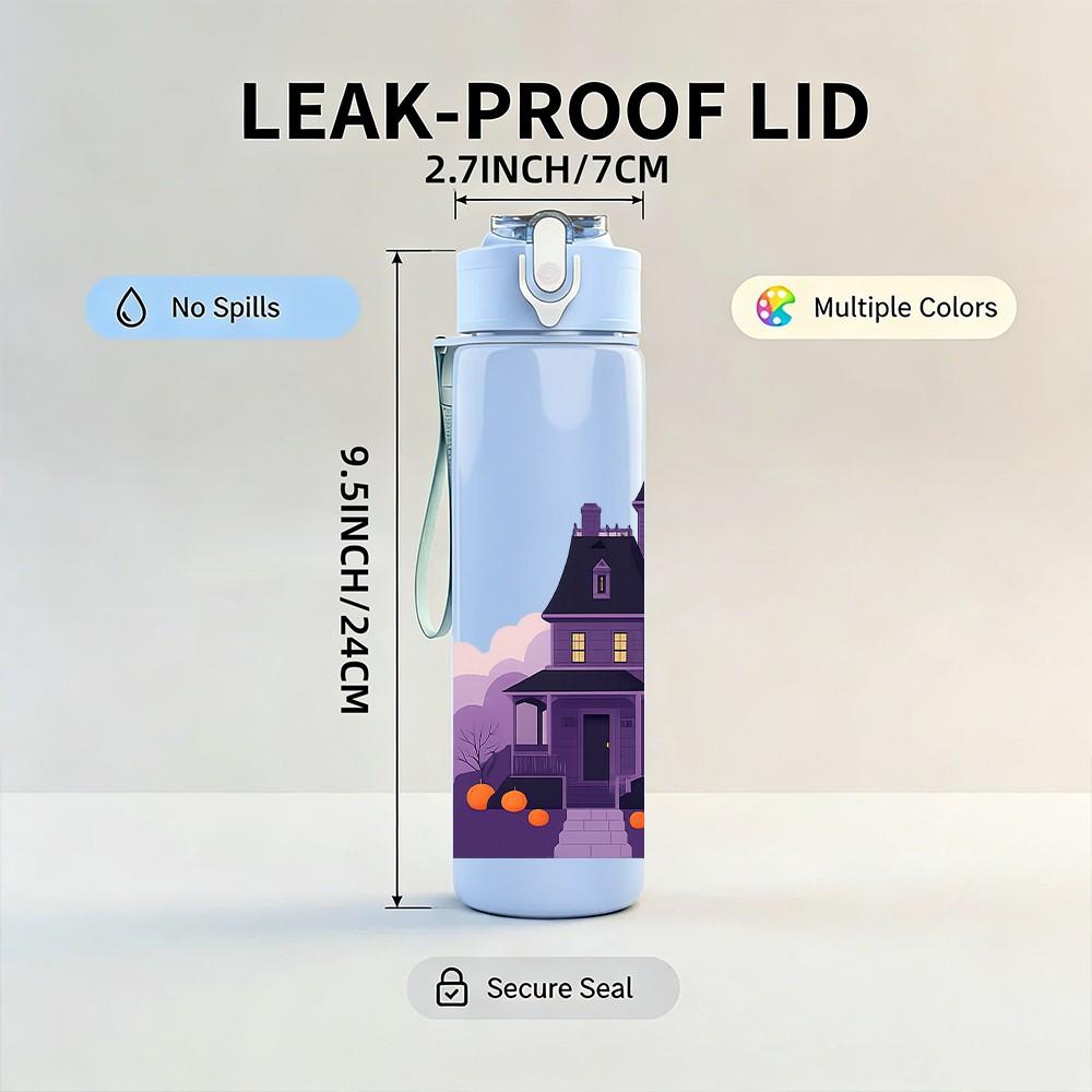 1PC Spooky Purple Castle House Print 750ml Color Plastic Sports Water Bottle Leakproof Flip Straw Lid Suitable for Sports Office Home Use