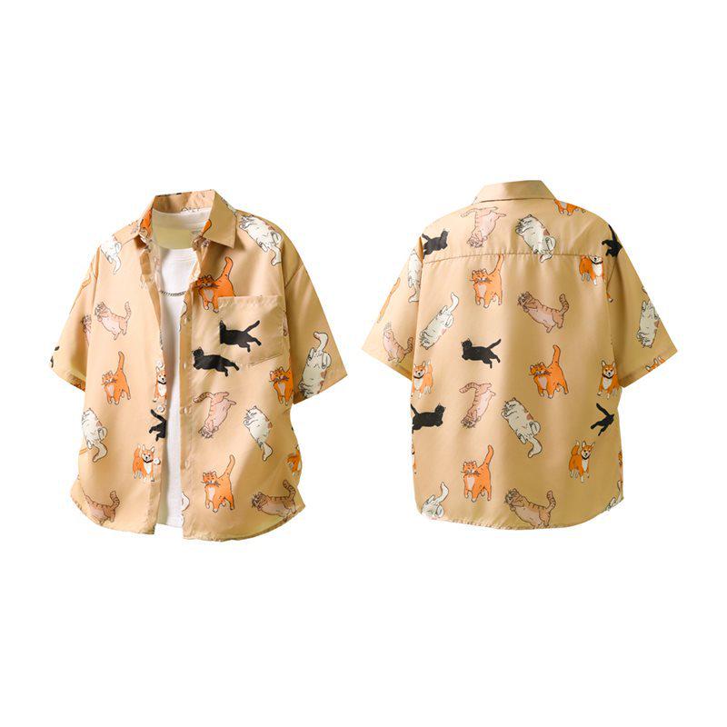 Dopamine Floral Cat Dog Shirt: Unisex Light Yellow Summer Top, Loose Fit, Cool American BF Style