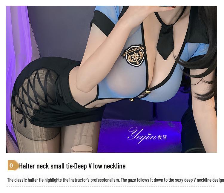 Night Piano Women's Sexy Police Uniform & Flight Attendant Lingerie Set - Cutout Bodysuit with Hip-Hugging Skirt, Style 7361.