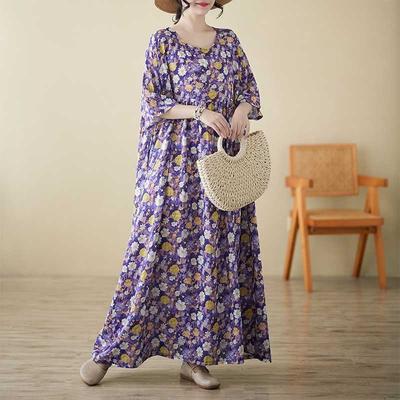 Богемное летнее макси-платье для женщин с круглым вырезом, короткими рукавами, свободное хлопково-льняное платье-свинг