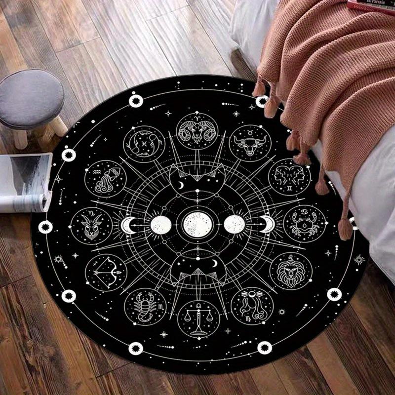 1pc Mystical Moon Phases and Zodiac Constellations Round Rug - Soft Polyester Non-Slip Floor Mat for Living Room, Bedroom