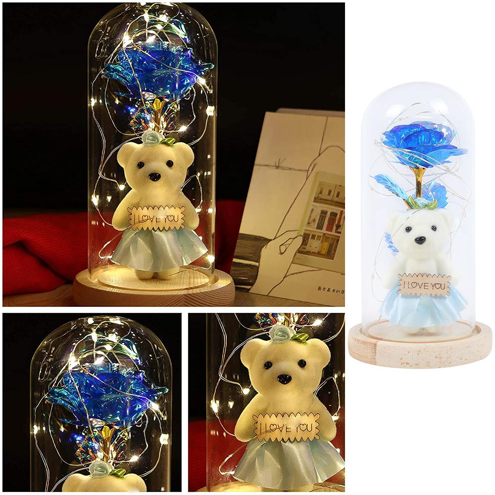 Очарованная красота Роза и Медведь со светодиодной подсветкой в ​​стеклянном куполе на деревянной основе Ночник для вечеринки День матери День рождения Подарок на День святого Валентина