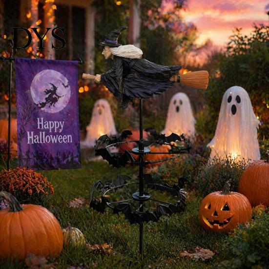 Spooky Seasonal Yard Accents Witch Garden Wind Spinner, Halloween Resin Statue Stake, Bats Weather Resistant Lawn Art And Spinner for Outdoor Pathway