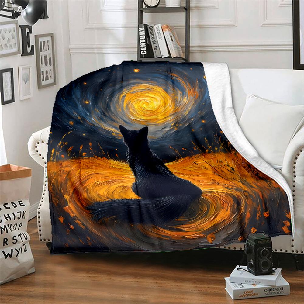 1PC Black cat gazes at vortex Print Adult Children Warm Blankets Home Travel Car Soft and Comfortable Suitable for all seasons