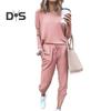2 Pcs/Set Women Top Pants Suit Crew Neck Long Sleeves Solid Color Sleepwear Sport Sweatshirt Drawstring Elastic Waist Trousers Fitness Outfit Fall