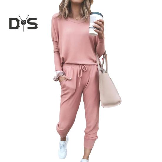 2 Pcs/Set Women Top Pants Suit Crew Neck Long Sleeves Solid Color Sleepwear Sport Sweatshirt Drawstring Elastic Waist Trousers Fitness Outfit Fall