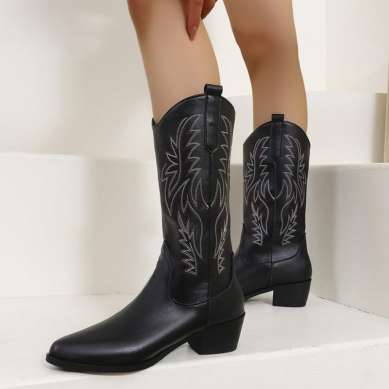 Fashion Women PU Leather Pointed Toe Mid Calf Boots Vintage Embroidery Western Ladies Boots 2024 Autumn Square Heel Slip On Boots Mujer