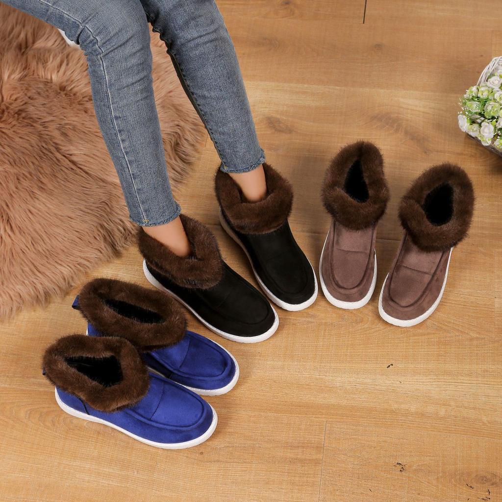 Large Size Casual Low Tube Square Bottomed Snow Boots Autumn Winter Fleece Velvet Suede Martin Boots Fur Cotton Shoes 36-43
