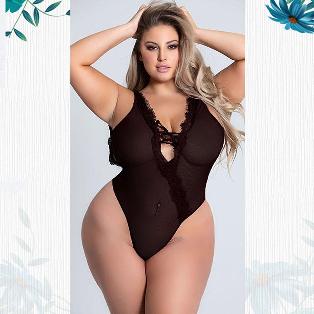 Women Plus Size Sexy Underwear Pajamas Lingerie Deep V-Neck Backless Bodysuit