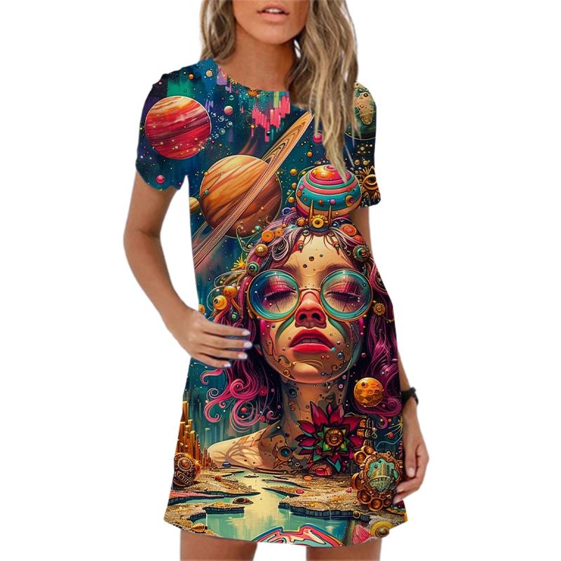 Elegant 3D Abstract Oil Painting Figures Print Women Dress New 2025 Summer Clothing Dress Short Sleeve Loose Casual A-Line Dress