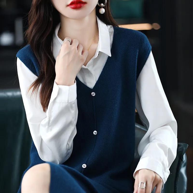 Women Medium To Long Knitted Knee Length Vest Autumn Sleeveless Solid Skirt