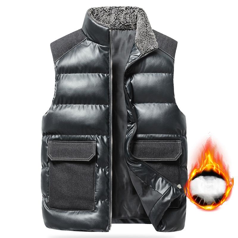 Men's Retro Stand Collar Mid-green Warm Vest Winter Loose Thickened Waistcoat Large Pocket Leather Vest