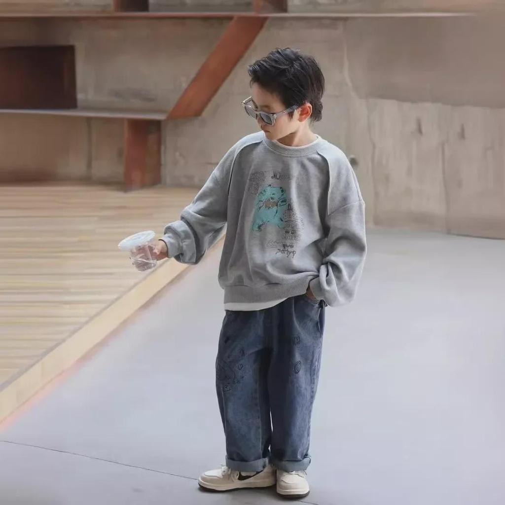 2024 Autumn Korean-Style Kids' Letter Print Spliced Sweatshirt - Casual Two-Piece Look for Boys & Girls