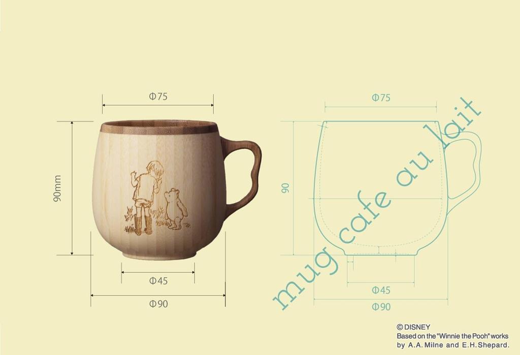 [Set] 2-Piece Set (RIVERET CLASSIC POOH Cafe Au Lait Mug, 350ml, Bamboo, Dishwasher Safe, RV-205WCP, and Gift Bag with Ribbon)