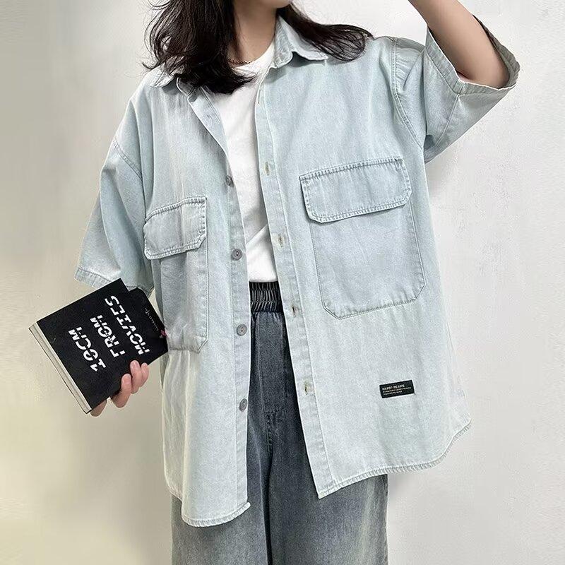 Рубашка с коротким рукавом в стиле ретро из джинсовой ткани, летняя модная мужская и женская марка, японский ретро-тренд с коротким рукавом, классная и свободная рубашка