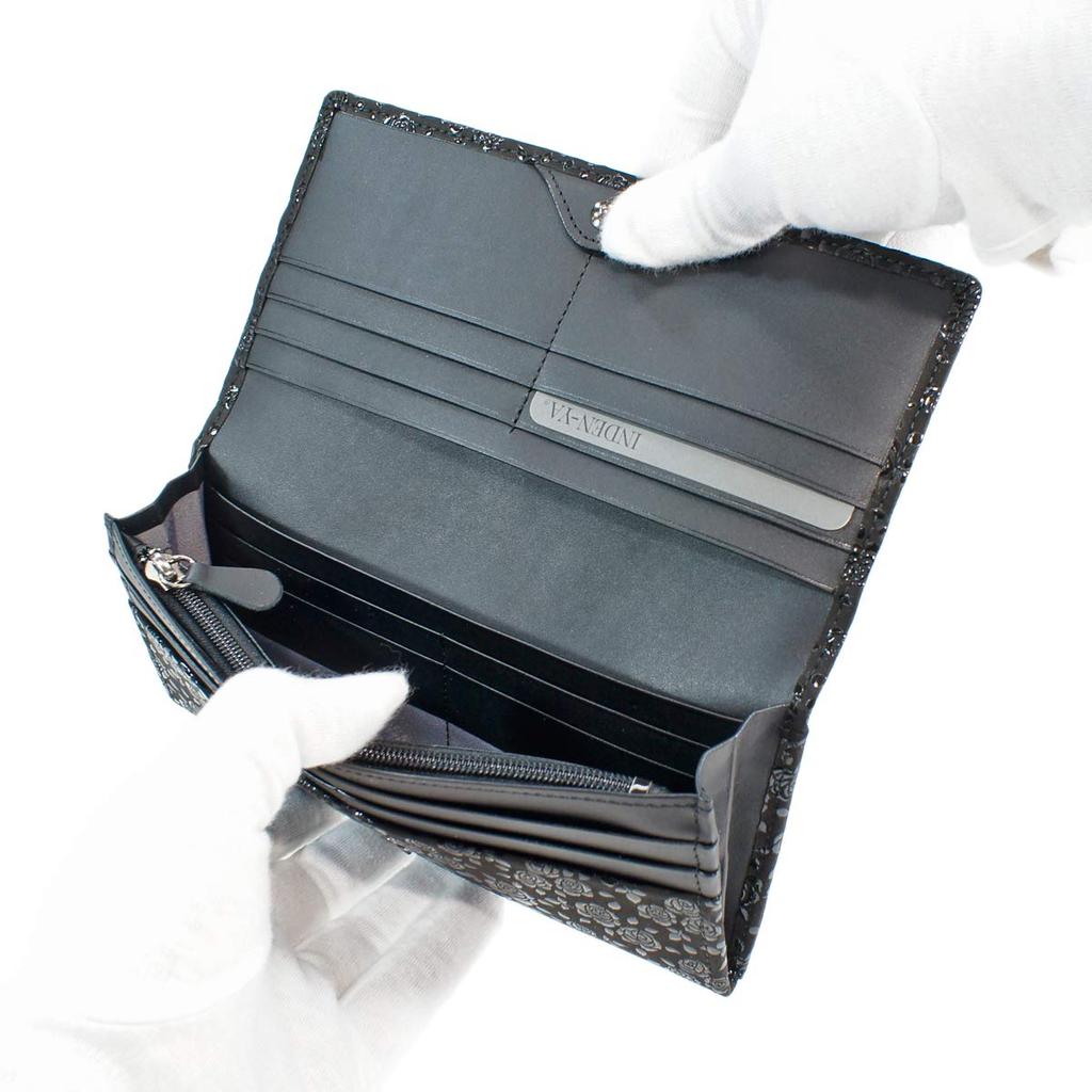 Inden Long Wallet Bundle Q with Coin Purse Deerskin Black x Black Lacquer Rose Petite [Indenya] 2308-01-176