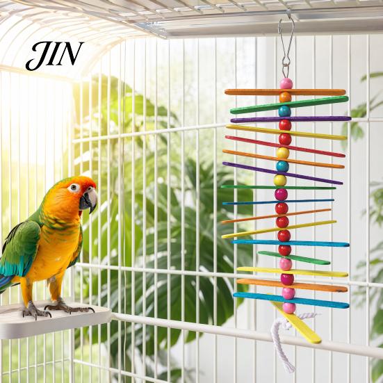 Multiuse Parrot Toy Wooden Strips Toy, Bird Chew with Colorful Beads, Parrots Sticks Chewing And Climbing Cage Accessory for Budgie Conure Cockatiel