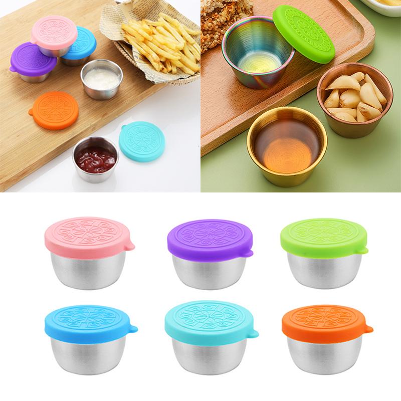 6pcs Multifunctional 304 Stainless Steel Sauce Dish With Silicone Lid, Sealed And Leak-proof Sauce Dish Tool Accessories Preserved Saucer