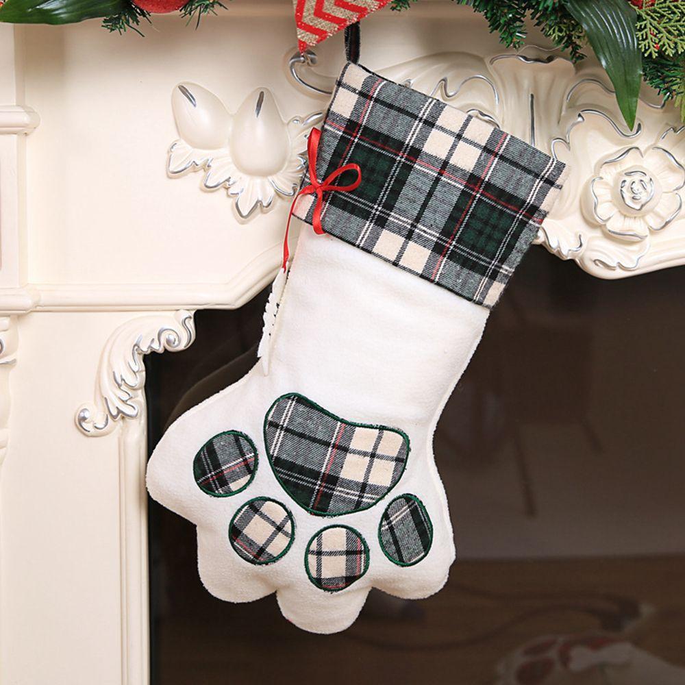 Christmas DIY Craft Paw Shaped Plaid Hanging Christmas Stockings Ornaments Pet Supplies Decoration