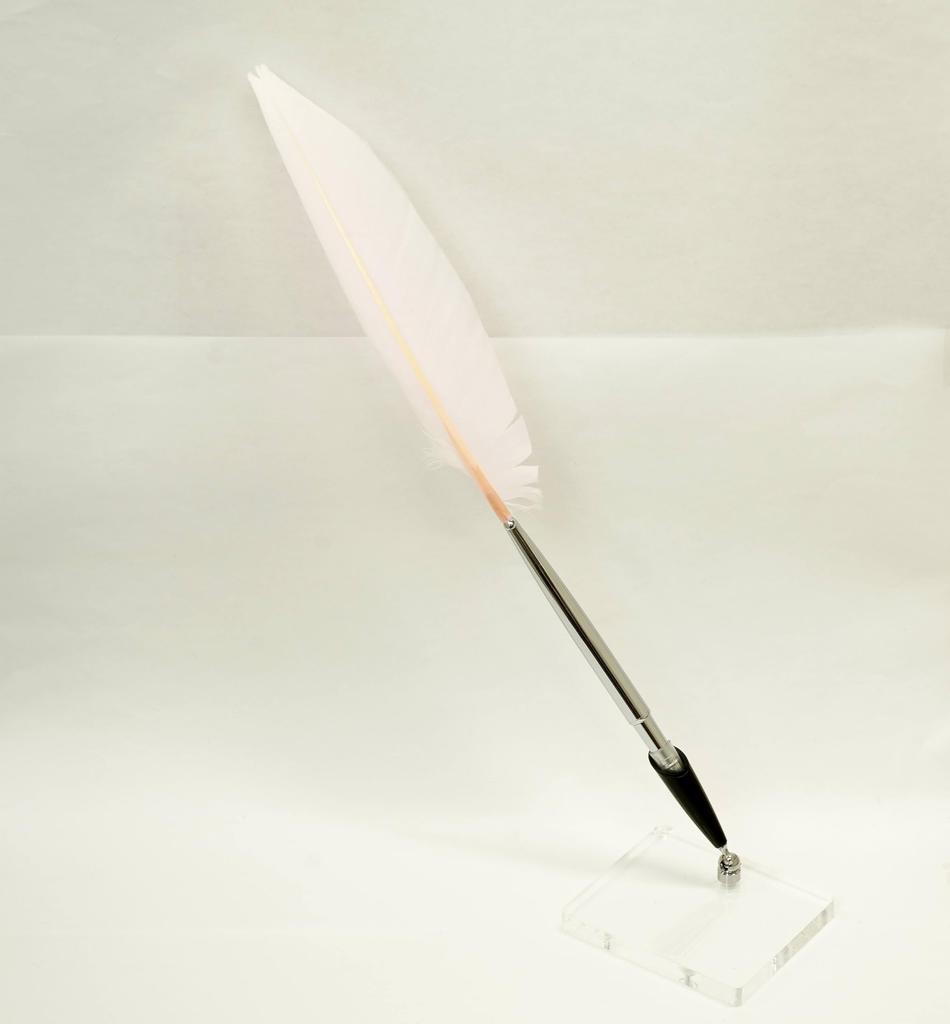 Набор из 2 штук Ручка из гусиного пера, обработанного по японской технологии, с латунным диском Прозрачная акриловая подставка для ручки с черным держателем для ручки Розовое перо + Q-S5P2WG-2-P