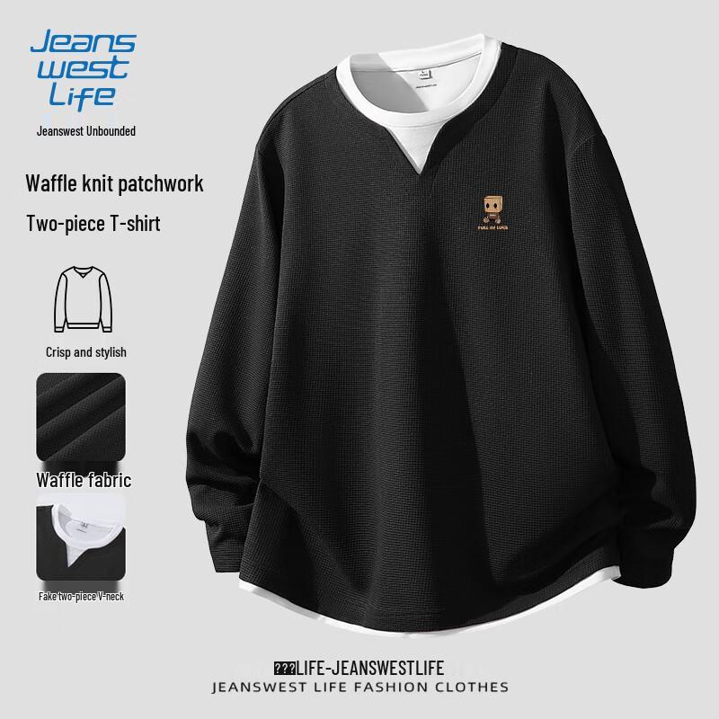 JEANSWEST LIFE Мужская вафельная футболка с V-образным вырезом, имитация двойки, с длинным рукавом