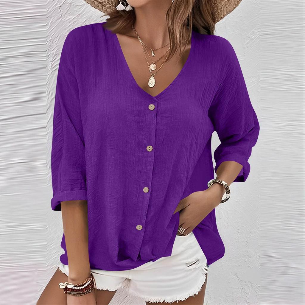 Women's Fashion Casual Solid Color V-Neck Live Button Seven Sleeve T-Shirt Top