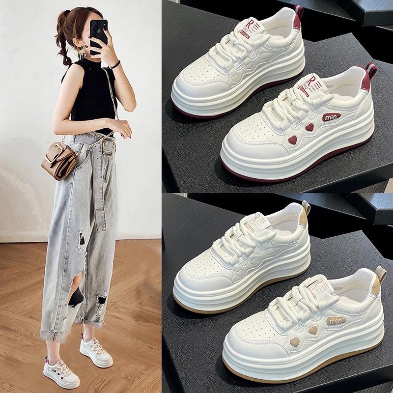 Women's Thick-Soled White Leather Sneakers - 2025 Spring Fashion, Height-Enhancing, Versatile, Casual Sports/Board Shoes
