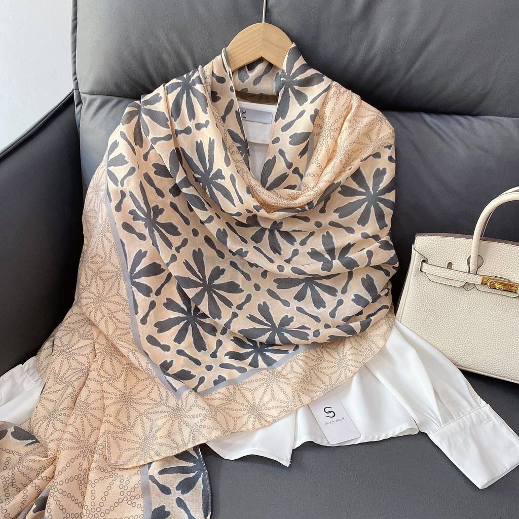 Wind New Geometric Color Matching Printed Scarf Summer Fresh Flower Cotton and Linen Feel Sunscreen Shawl