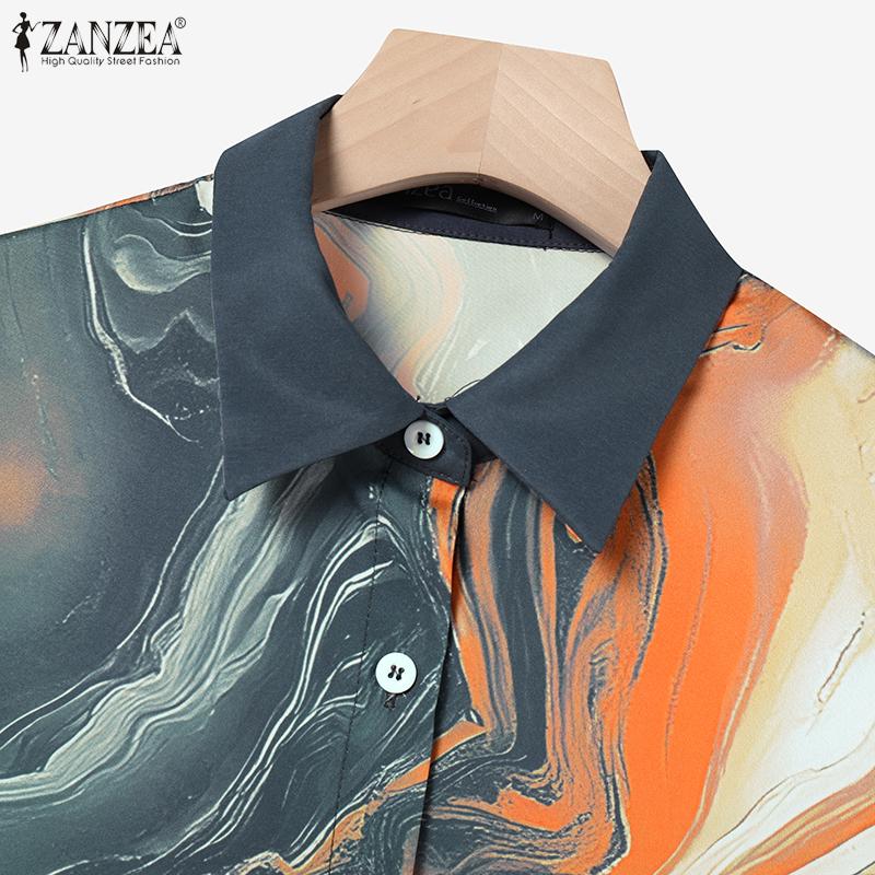 ZANZEA Женские рубашки с принтом и брюки, повседневные комплекты из двух частей