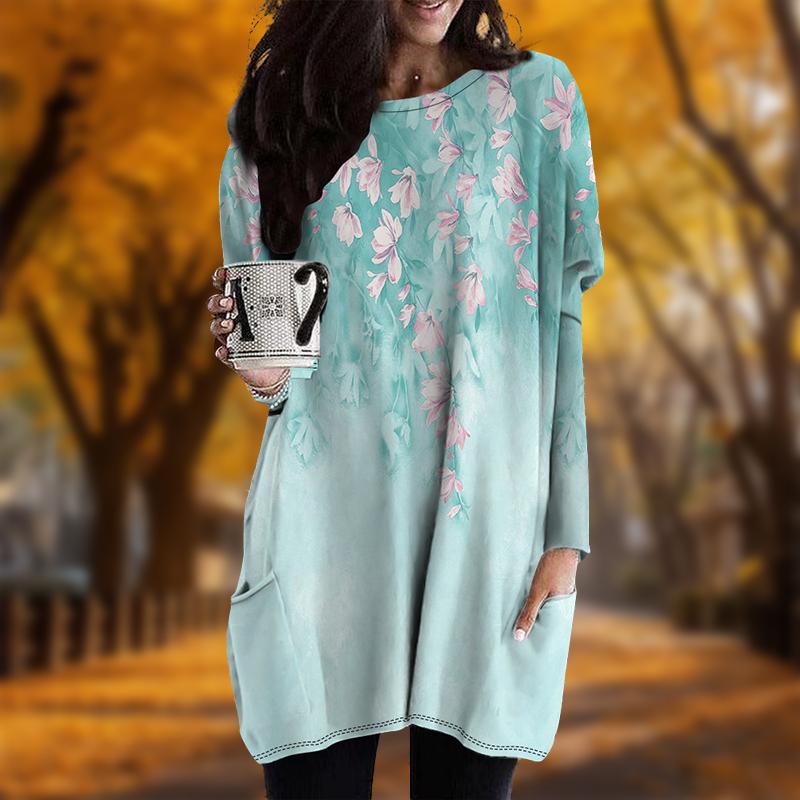 Новинка осени. Платье большого размера с принтом в виде цветка. Женское повседневное платье с круглым вырезом и длинными рукавами. Платья с карманами.