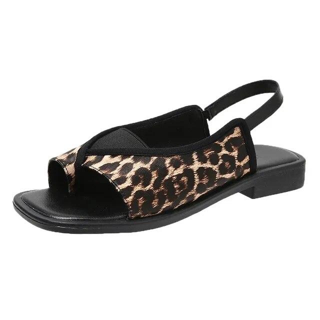 Женские повседневные винтажные сандалии с открытым носком, пляжные сандалии на плоской подошве, дизайнерская обувь с квадратной головкой и леопардовым узором, летняя модная женская обувь