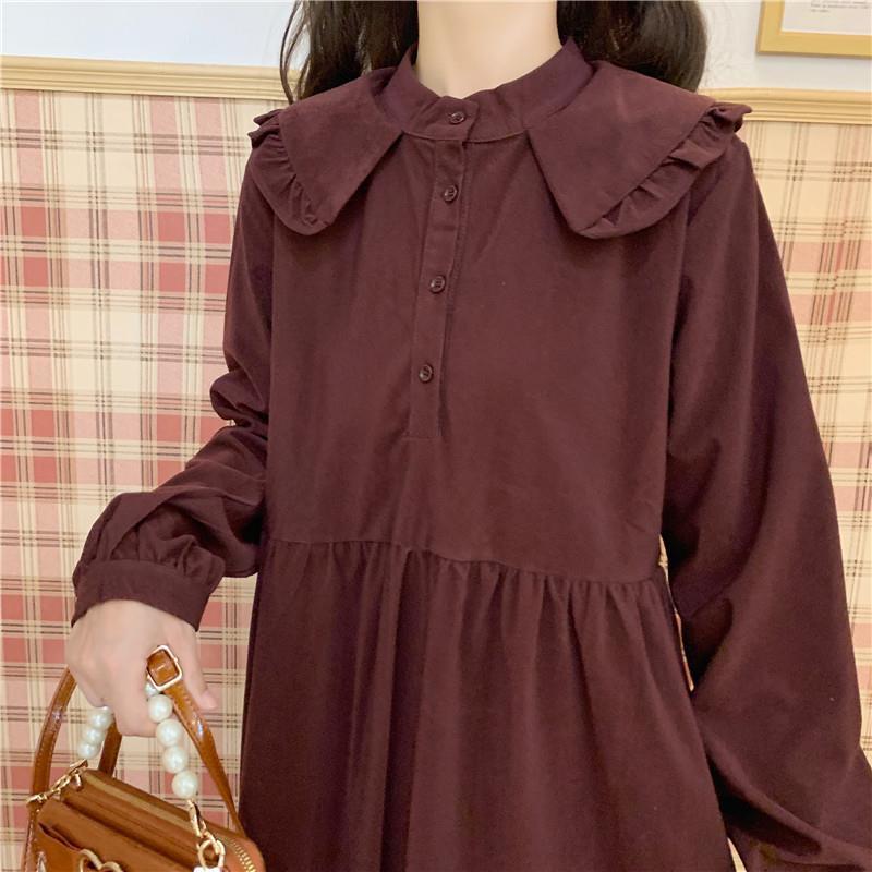 Японское кавайное платье с воротником «Питер Пэн», мягкое платье миди с длинными рукавами и длинными рукавами для девочек, платье цвета красного вина в стиле Лолиты, милая одежда, осень 2021 г.