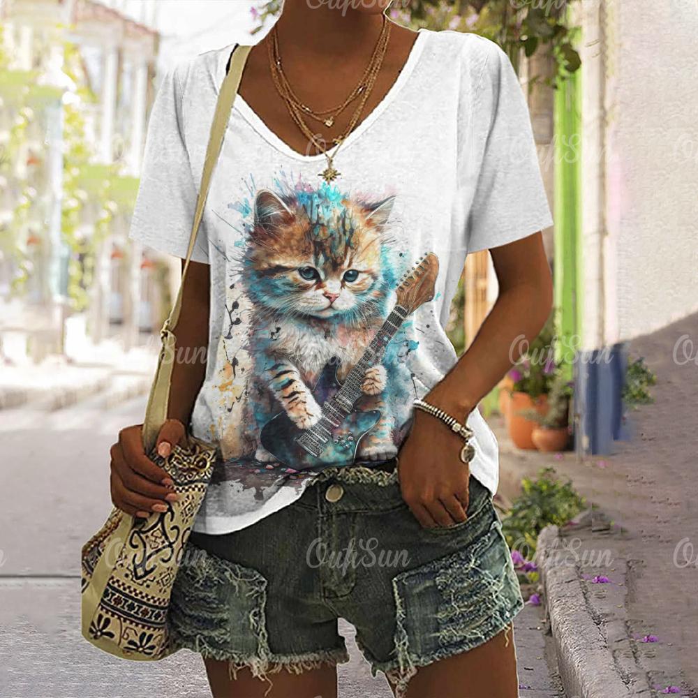 2024 New Women T-Shirt Rockin' Cat Print Top Plus Size Summer Women's Trending Clothing Fashion Short Sleeve Shirt Crew Tee