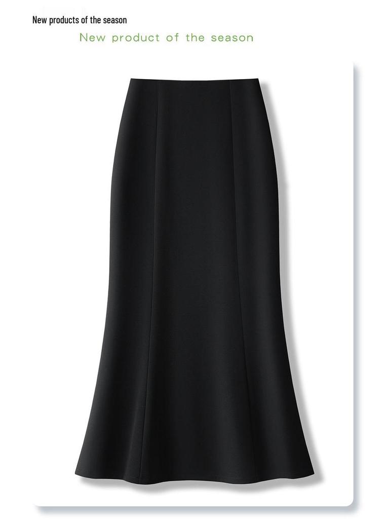 Women's High-Waist Black Fishtail Midi Skirt - Spring 2025 Collection, Elegant Mid-Length Bodycon Design