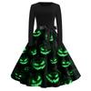 Womens Casual Halloween Print Vintage Style Dress Long Sleeve Round Neck A-Line Skirt Midi Length with Ribbon Waist Tie