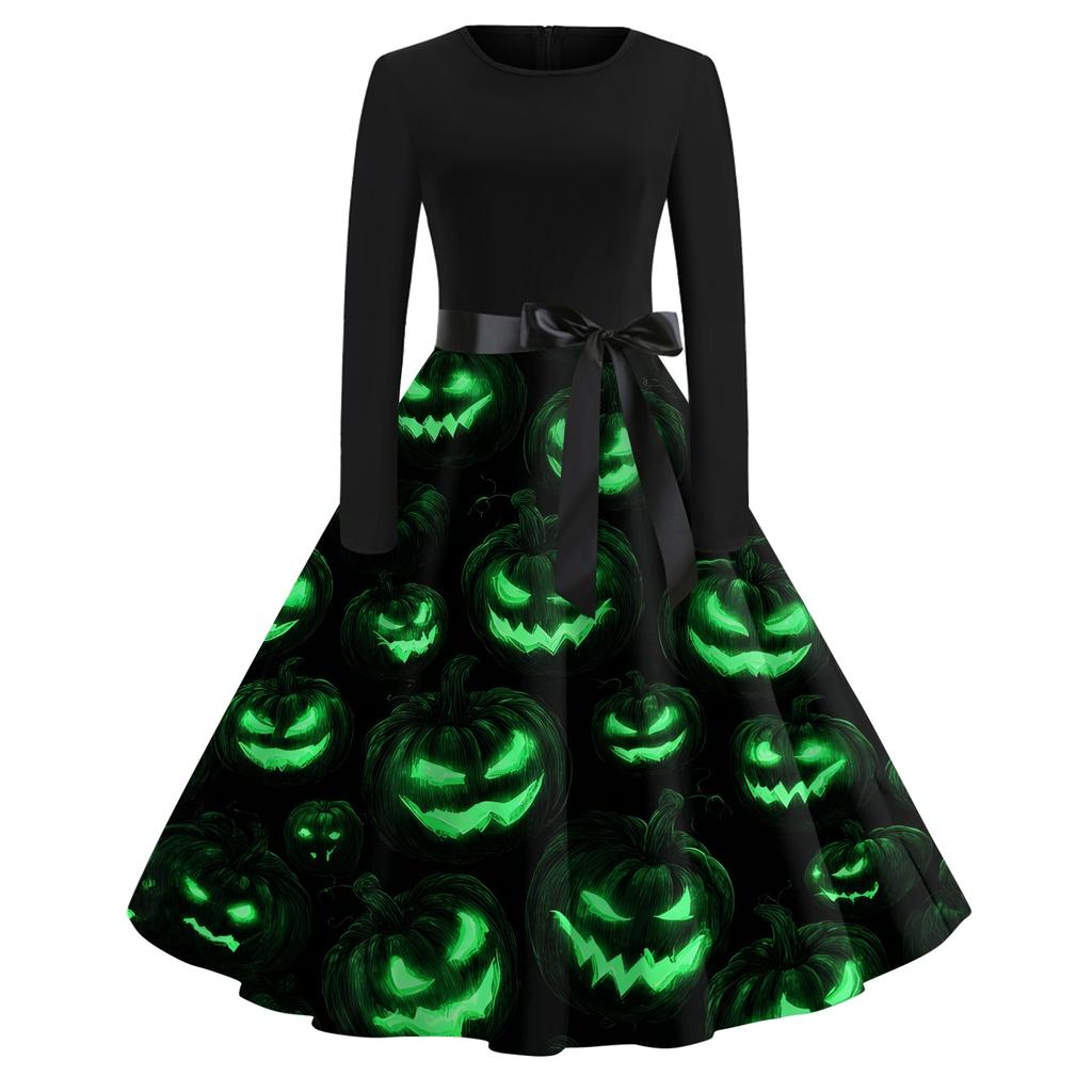 Womens Casual Halloween Print Vintage Style Dress Long Sleeve Round Neck A-Line Skirt Midi Length with Ribbon Waist Tie