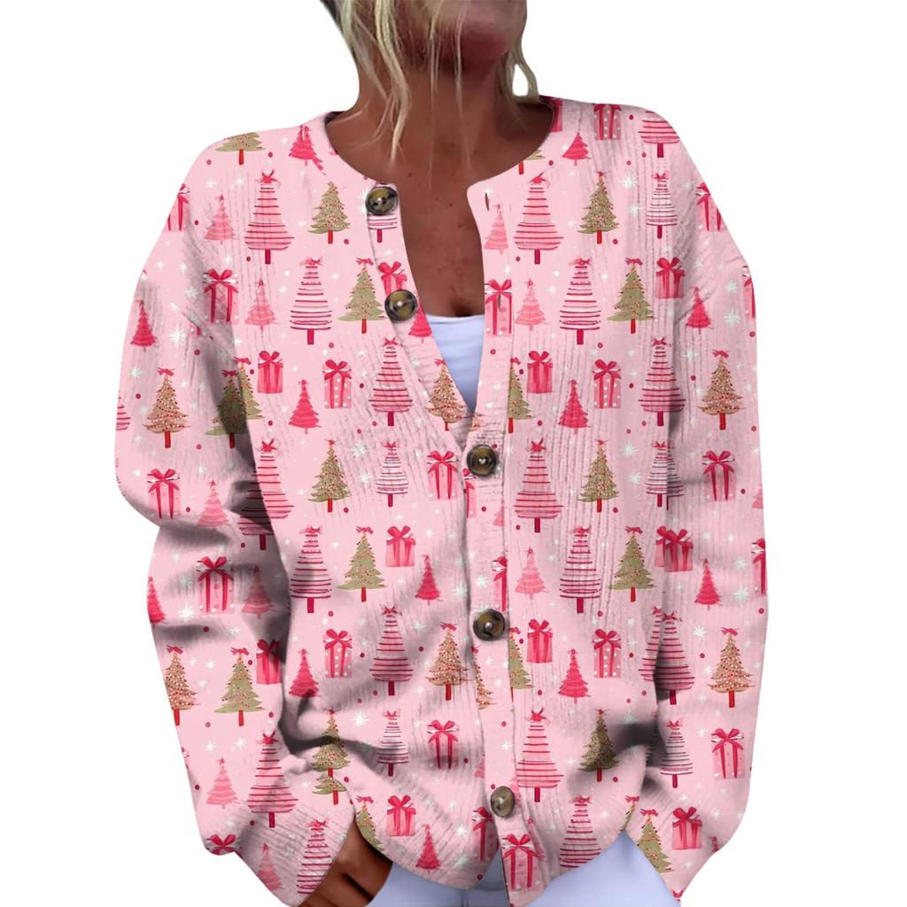 Женская мода рождественский принт длинный рукав вязаный кардиган пуховик