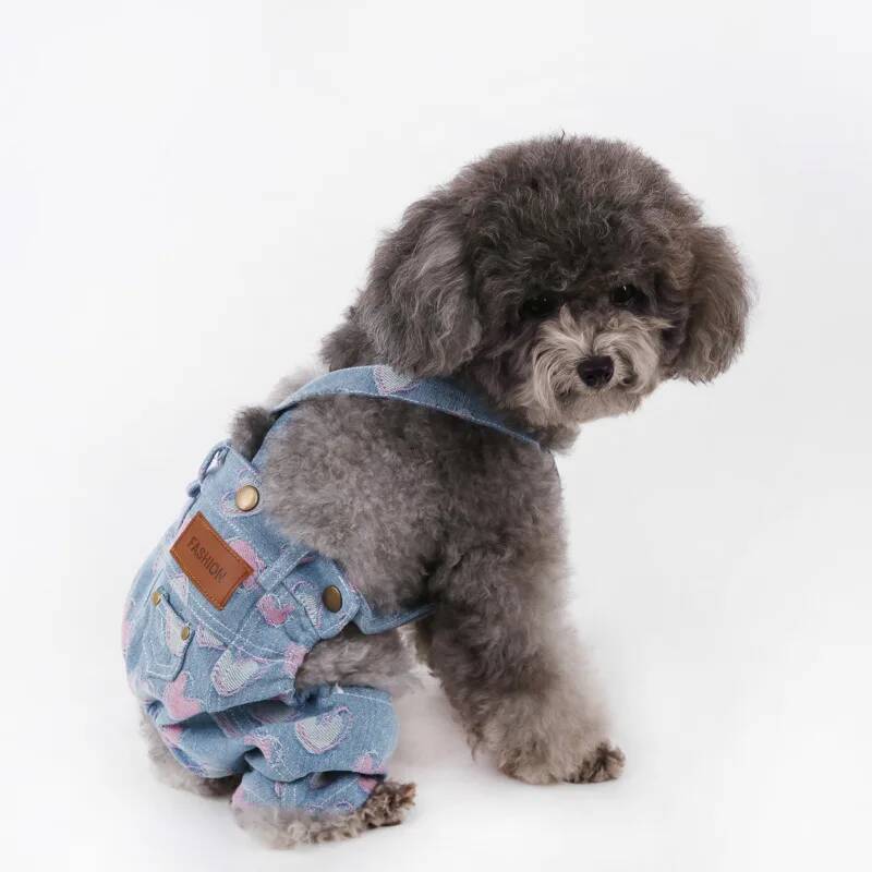 BXX Small Dog Denim Overalls With Cute Heart Print Pet Clothes For Teddy Bichon Shih Tzu Lightweight Daily Wear
