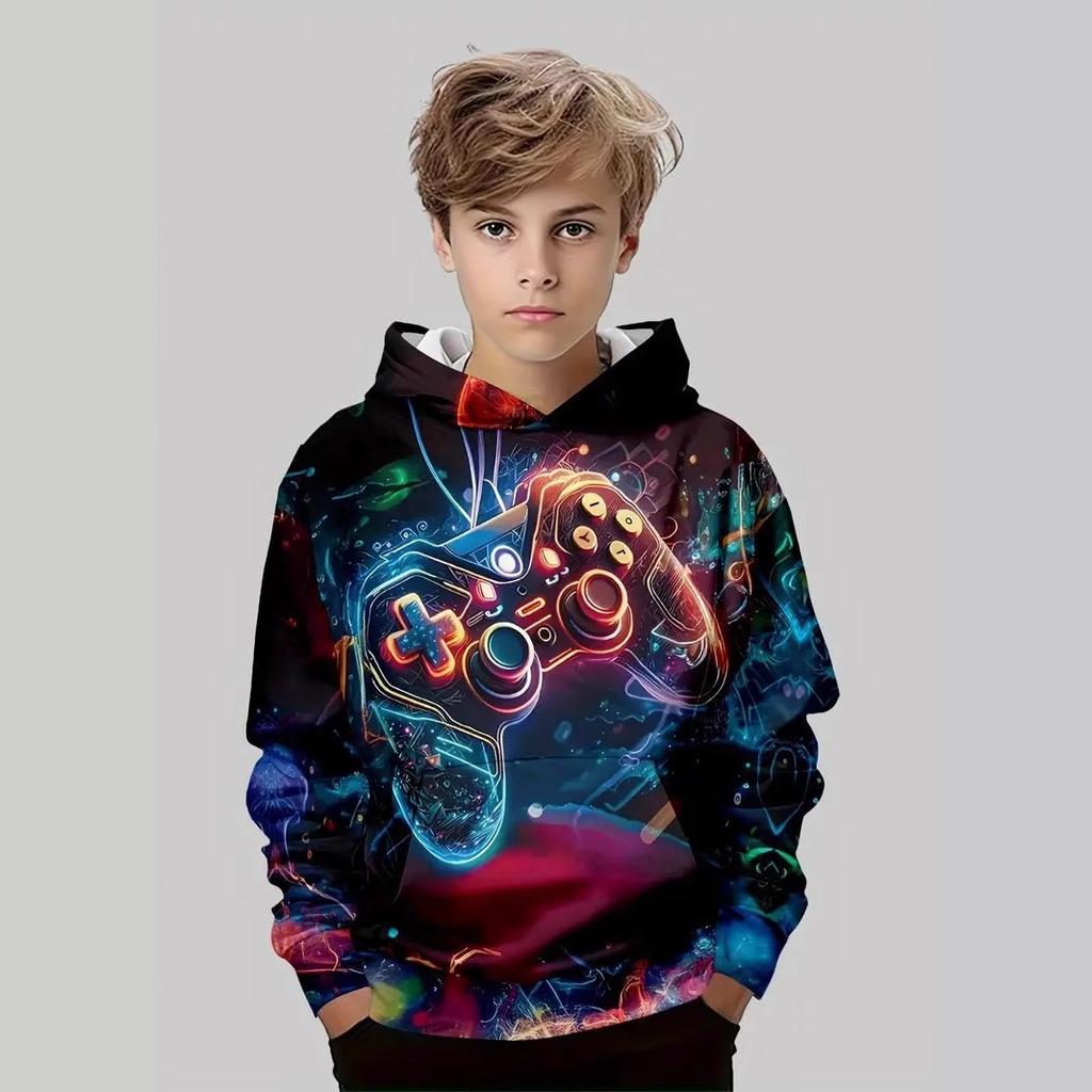 Autumn 3D Game Consoles & Astronaut Printed Hoodies Fashionable Casual Sports Long Sleeved Children's Boy Hooded Sweatshirts