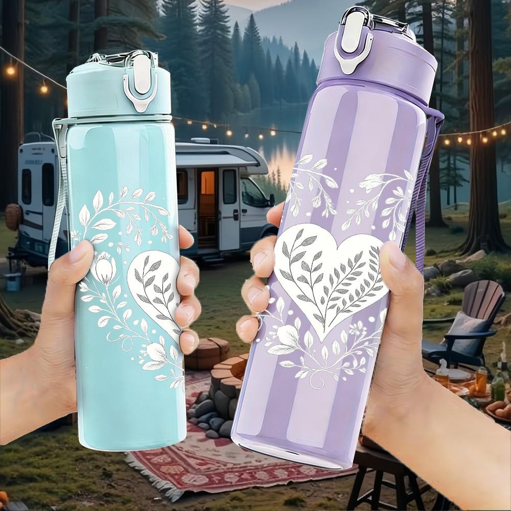 1PC Lace Texture White Heart Print 750ml Color Plastic Sports Water Bottle Leakproof Flip Straw Lid Suitable for Sports Office Home Use