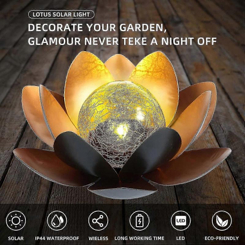 Solar Lotus Light Garden Outdoor Table Decor,Amber Crackle Globe Glass Lotus Flower Light Decoration,Metal Lotus Flower Lamp Waterproof Led Light For