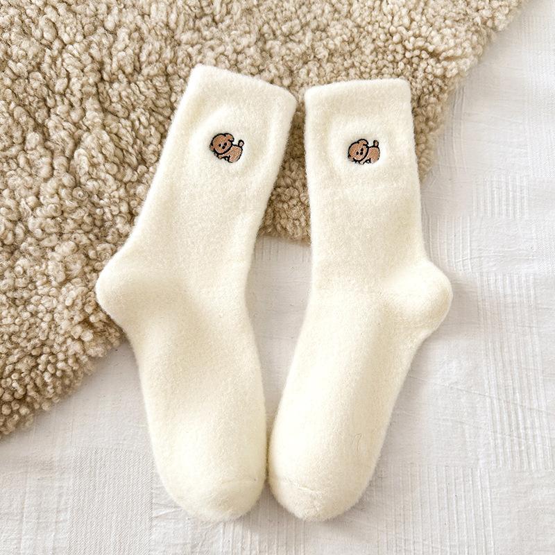 Female Autumn and Winter Thickened Warm Sweet Lovely Embroidered White Medium Long Socks