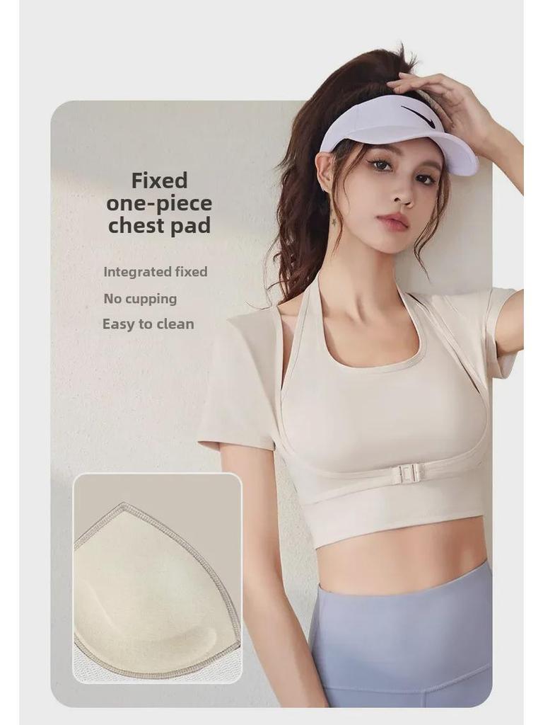 Peach Halter Neck Yoga Suit with Chest Pad - Short Sleeve, Tight Fit