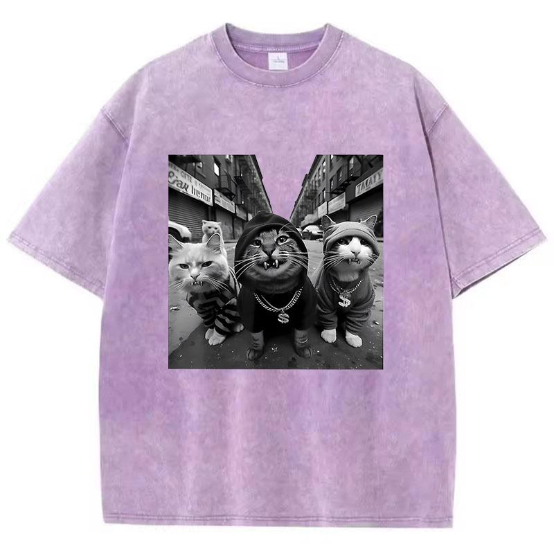 Уличная футболка с кошкой в стиле хип-хоп Винтажная стираная хлопковая футболка Графическая футболка Повседневная уличная одежда Весенняя летняя футболка