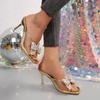 Роскошные золотые блестящие шлепанцы с украшением в виде банта, женские сандалии с сетчатыми ремешками, женские 2025, летние, сексуальные туфли на высоком каблуке для вечеринок