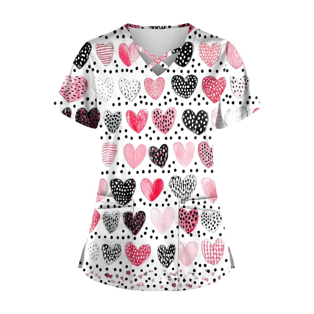 Женский топ с коротким рукавом и V-образным вырезом, принтом ко Дню святого Валентина, карманом Dry-nurse