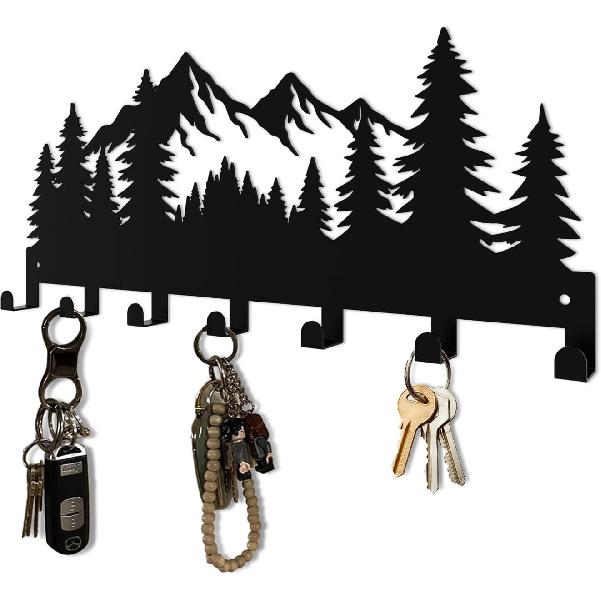 Key Holder Wall Mounted Key Hooks, Black Metal Key Rack Hooks, The Great Grove, Mountain Theme Wall Decoration Hooks, with 7 Hooks, Applicable to