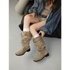 Cowhide Version But Knee Boots Women's 2025 New Thick Heel Round Head Thin Tall Knight Boots Pleated Pile Boots