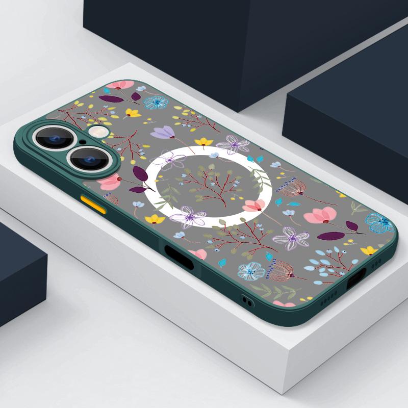 Для iPhone 16 Pro Max 15 14 Plus 13 12 Mini 11 7 8 для Magsafe противоударный цветочный узор мягкие края прозрачный акриловый жесткий чехол