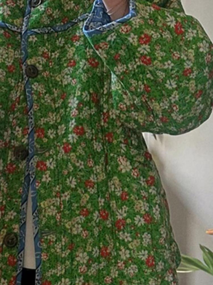 New Floral Printed Long Sleeve Jacket Women Round Neck Contrasting Colors Button Pockets Clothing Ethnic Harajuku Vintage Quilted Cotton Coats